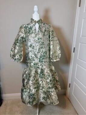 Ivory Floral Midi Dress with drop waist and Green Bouquet Print